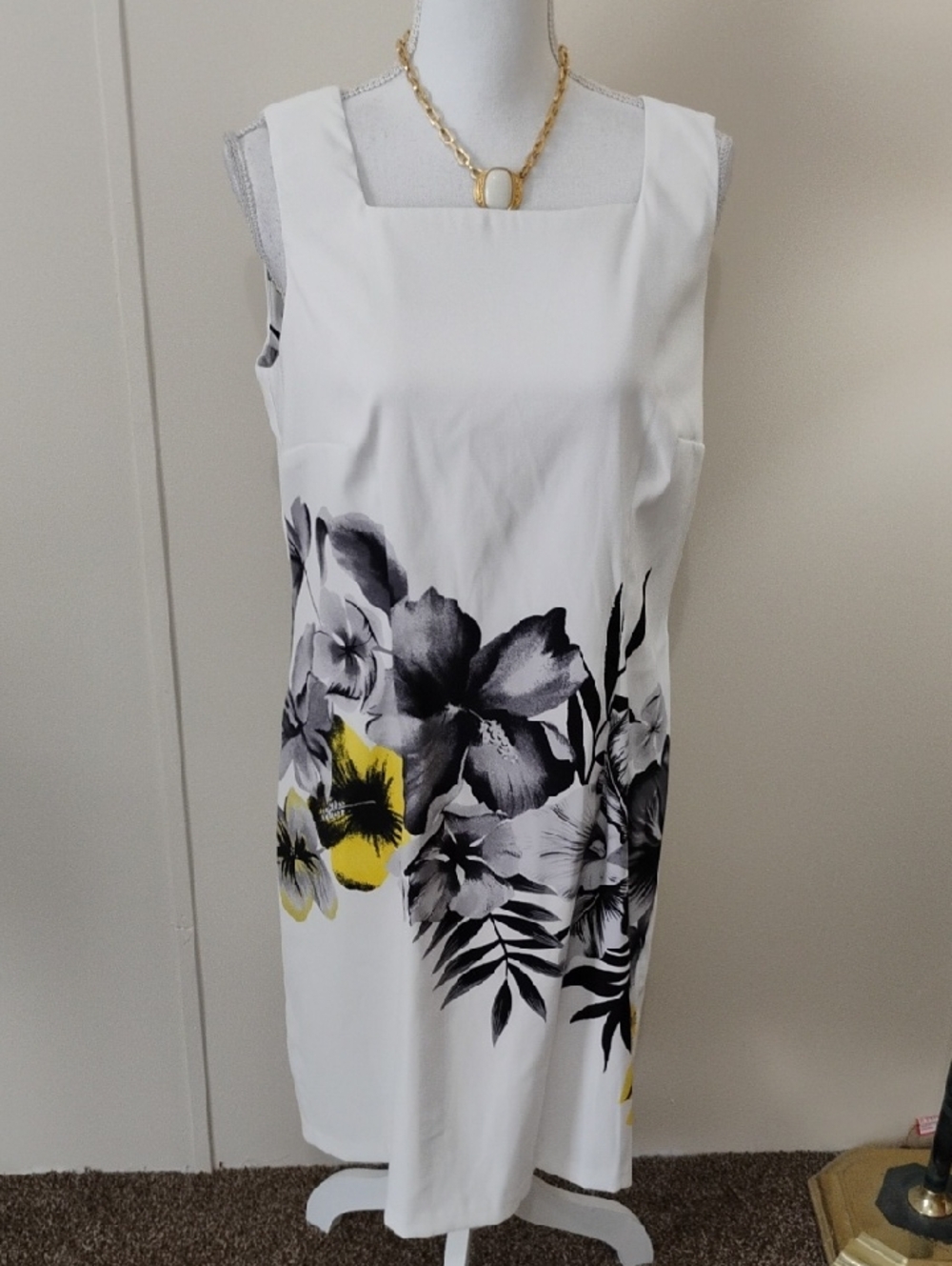 Alyx White Midi Dress with Black Floral Print and Yellow Accents